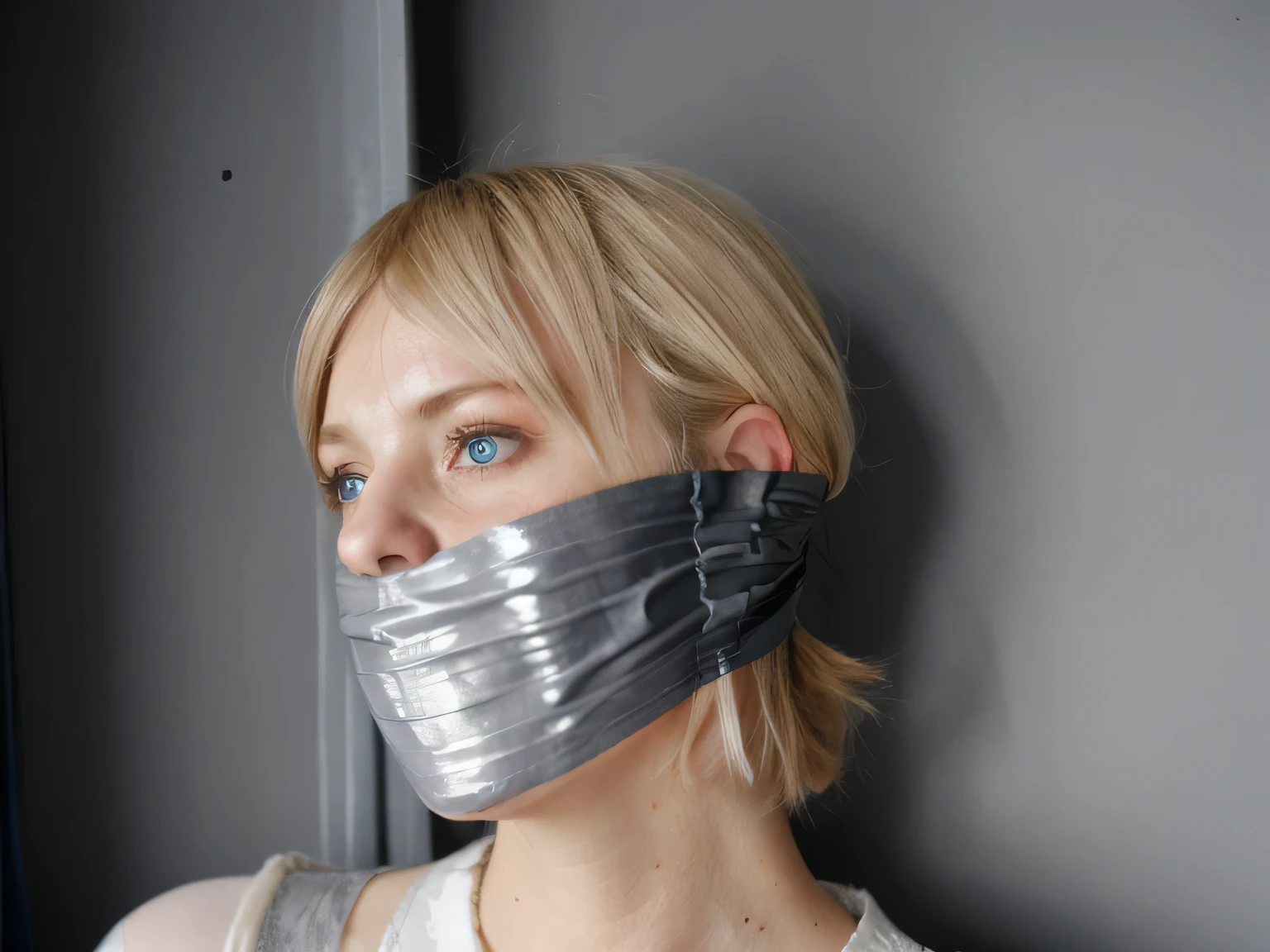 german blonde woman, blue eyes, improvised gag, Tape gag, GAGGED, panic, grey vinyl tape, frightened 