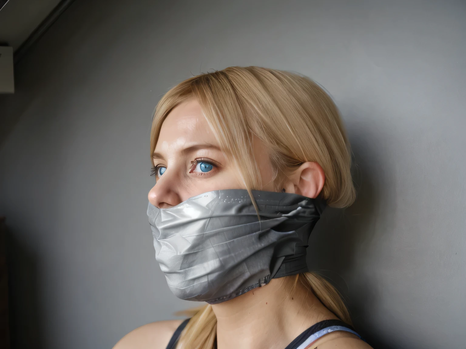 german blonde woman, blue eyes, improvised gag, Tape gag, GAGGED, panic, grey vinyl tape, frightened 