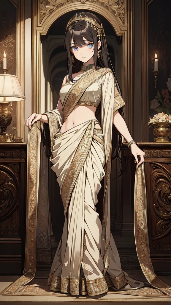 2d, masterpiece, best quality, anime, (highly detailed face), (highly detailed eyes), perfect lighting, 1girl, solo, full body, standing, saree