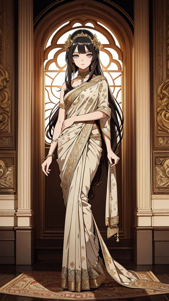 2d, masterpiece, best quality, anime, (highly detailed face), (highly detailed eyes), perfect lighting, 1girl, solo, full body, standing, saree