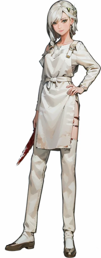 (masterpiece, best quality, digital artwork, digital artwork, drawing, fantasy, human only):1.2, woman, beautiful, smooth face, green eyes, smirking, white hair, (white clothes, white apron):1.2, fully clothed, tavern background, (blood on clothes):1.2, (blood on face):1.2