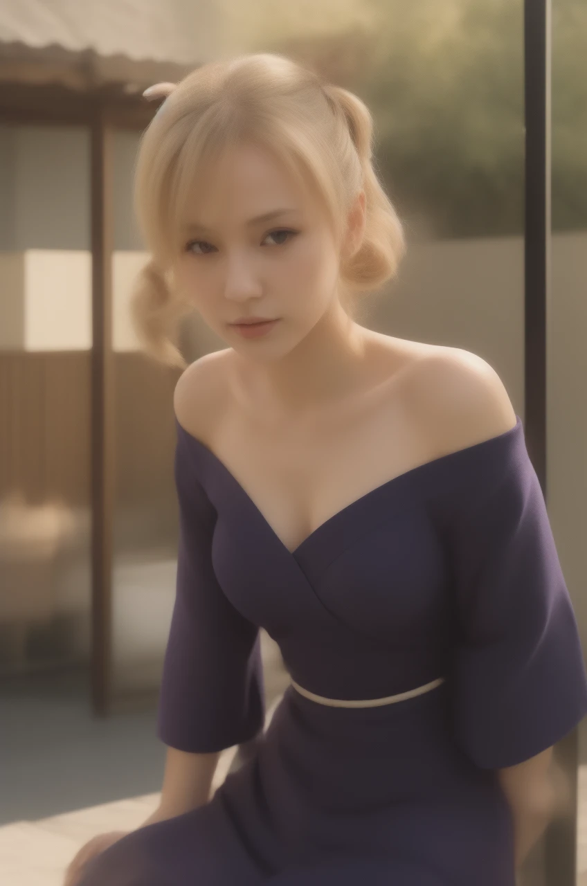 Temari, 30 years old, blonde hair with four pigtails, mikado, black eyes, Small nose, thin neck, seductive, attractive, wide shoulders, large breast, purple kimono, realistic, 4k