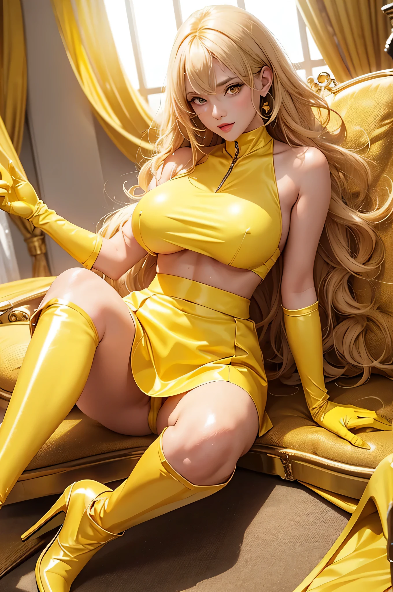 Full body, beatiful yellow eyes, blush, cute face,  (1 cute woman, solo: 1.1), very big breasts, long yellow hair, shiny yellow crop top, shiny yellow skirt, shiny yellow gloves, shiny yellow heel boots, naked shoulders