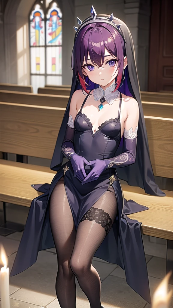 rosaria, rosaria, bags under eyes, hair between eyes, long eyelashes, multicolored hair, (purple eyes:1.1), purple hair, red hair, short hair, streaked hair, (small breasts:1.2), BREAK bare shoulders, breasts, elbow gloves, fishnet pantyhose, fishnets, gem, gloves, gradient, nun, red gemstone, skindentation, thigh strap, tiara, white gloves,lace,
BREAK looking at viewer,
BREAK indoors, church,benches, candles, fire,
BREAK (masterpiece:1.2), best quality, high resolution, unity 8k wallpaper, (illustration:0.8), (beautiful detailed eyes:1.6), extremely detailed face, perfect lighting, extremely detailed CG, (perfect hands, perfect anatomy),from below, full body.