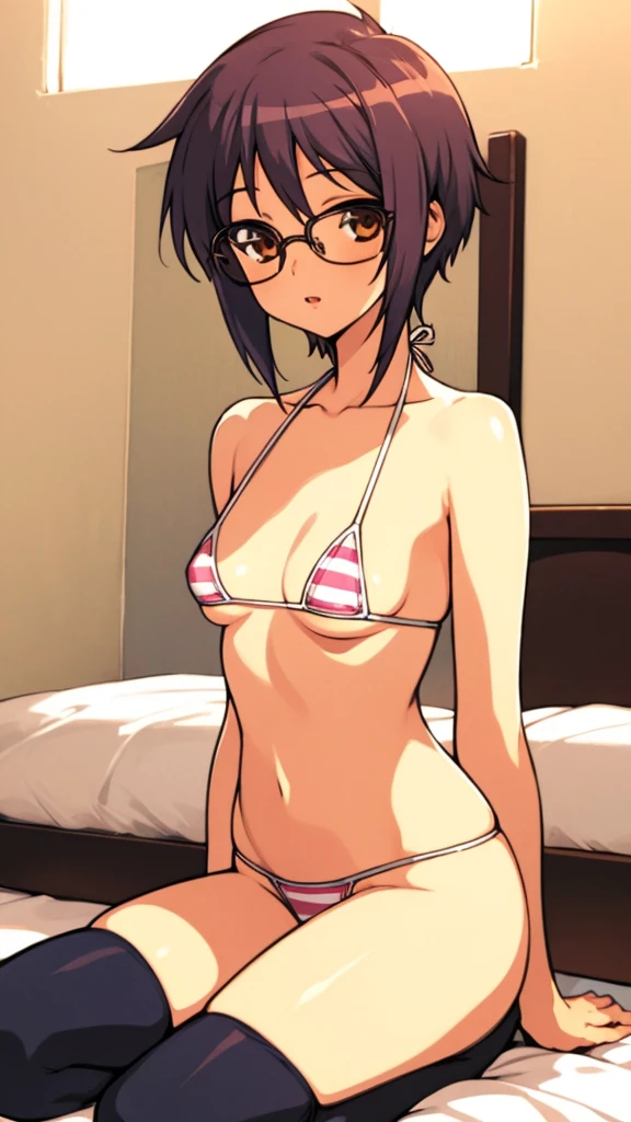 looking at viewer, 1girl, female, solo, expressionless, , ny1, glasses, , my room,(nsfw),bikini,thighhighs