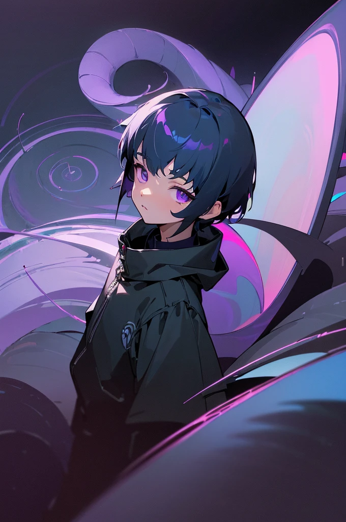 [(BLACK HOLE BACKGROUND:1.5),::5], ((((masterpiece)))), high quality, ultra_very_high_resolution, large_filesize, full color, (((solo))), ((little boy)), ((deepblue color short hair)), purple eyes, anime, (upper body), neon light, black parka, (DARK SPIRAL EFFECT:1.4)
