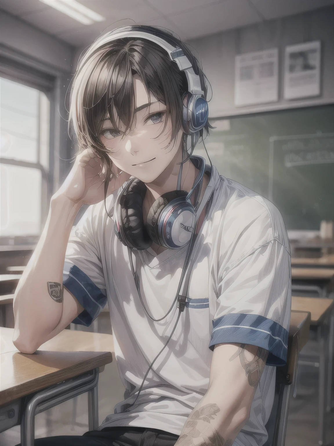 handsome boy in , sits in the classroom, he smiles smartly, he has piercings and a tattoo, and also he wears headphones with intricate details and intricate details, popular