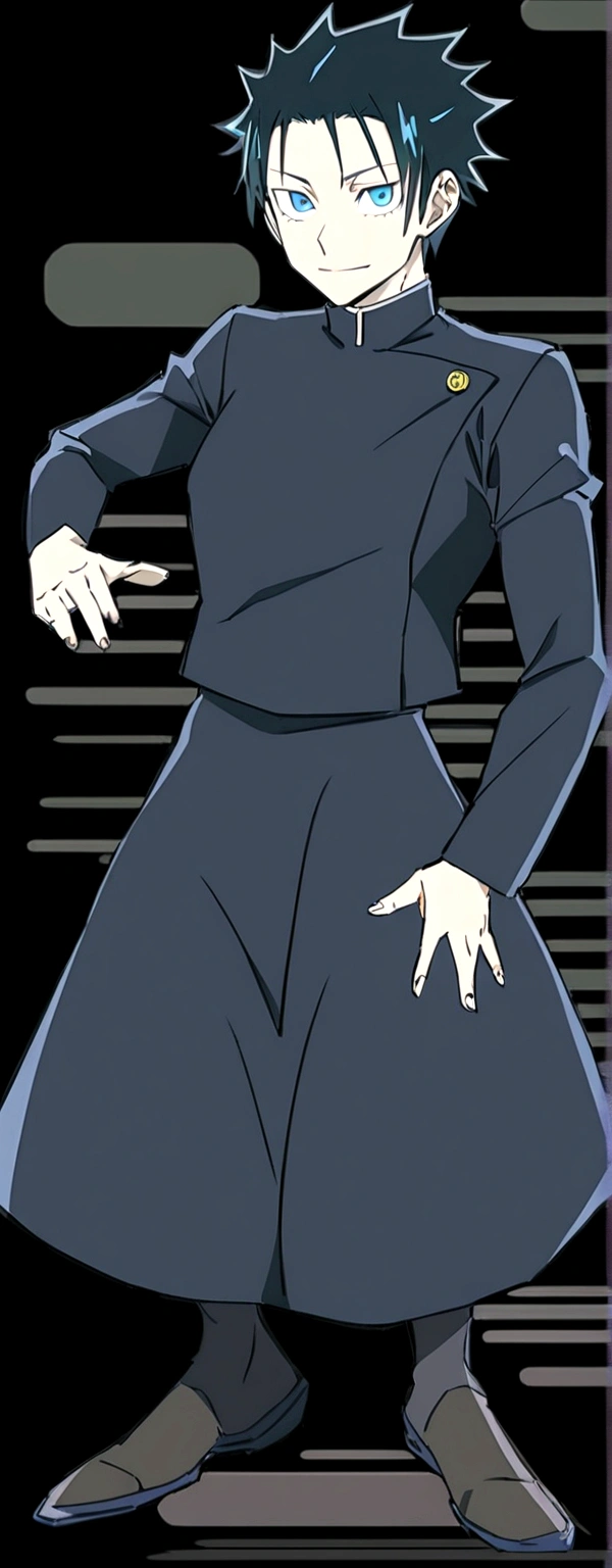 anime character with white hair and blue eyes and a white one pointing at the camera, whole body, jujutsu school outfit , do anime jujutsu kaisen