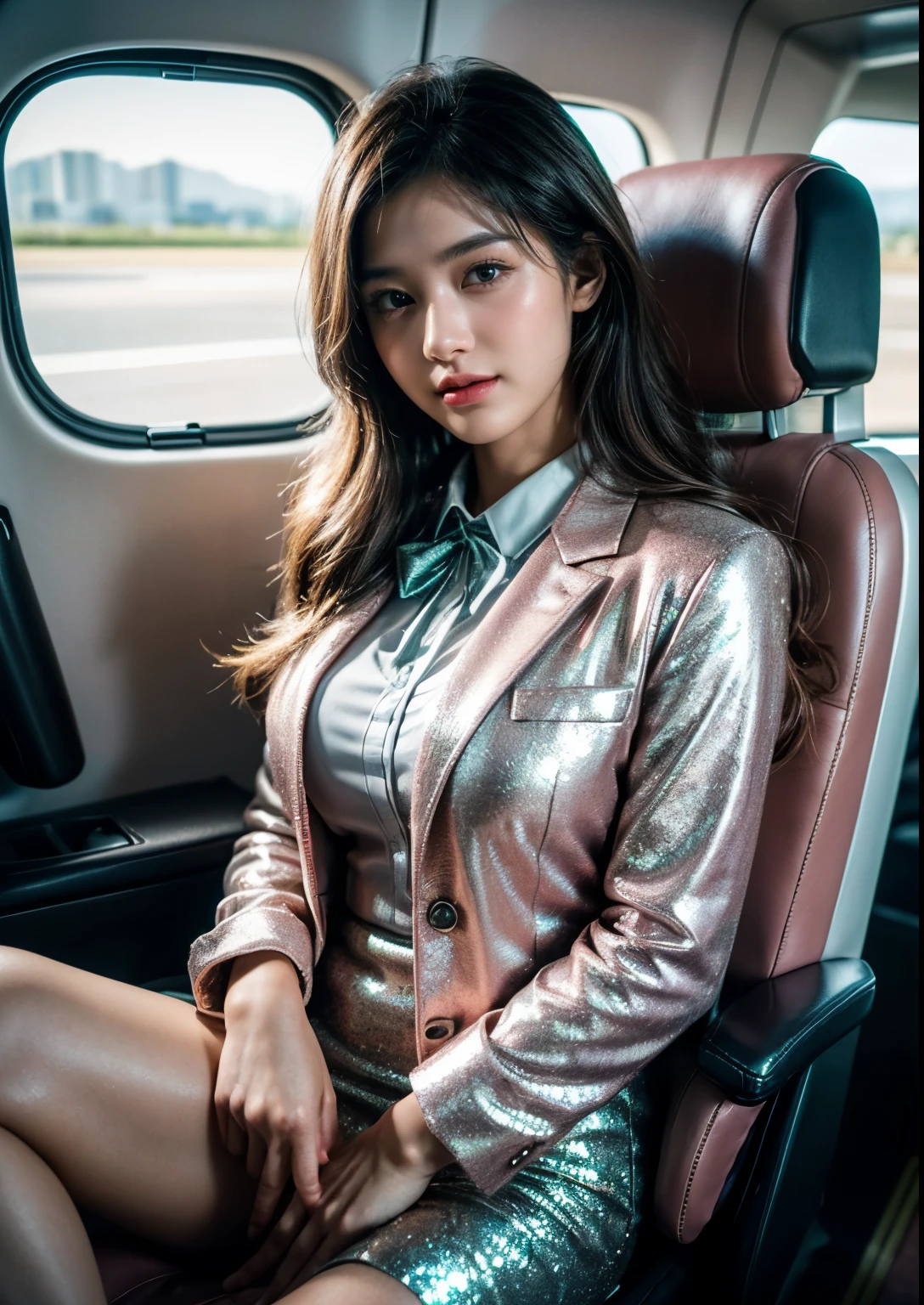 a beautiful Korean young Airhostess girl, (((16 years young girl))), detailed face with beautiful eyes and lips, long black hair, stylish hair, hair pin, romantic Eyes, beautiful eyes, smiley face, happy face, glow face, super round young breasts, beautiful realistic knees, glow skin, bright skin, realistic skin, realistic smile, cutest smile, realistic body, Standing In Flight For On board services, ((Seafoam silky Glitter Airhostess uniform)), ((uniform is Pink luxury Blazer)), I'd Card, Flight seats, very big flight, pink flight, very big Luxury Flight Interior, Passengers, detailed Airhostess dress, stylish dress, stylish uniform, stylish Blazer, High resolution dress quality, stylish look, stylish angle, Standing, photorealistic, realistic, masterpiece, ultra-detailed,8k, (best quality,8k,highres,masterpiece:1.2),ultra-detailed,(realistic,photorealistic,photo-realistic:1.37), highly detailed, cinematic lighting, vibrant colors, warm tones, masterpiece,highres,warm lighting, vibrant colors, soft focus, elegant, cinematic, highly detailed, professional digital art, UHD, Ultra HD, ultra realistic, hyper realistic, ultra sharp, vivid, realistic atmosphere, Beautiful rally atmosphere in background, beautiful Cockpit in background, detailed Flight interior background, hyper-detailed background, cockpit, very big flight on board, cinematic photography, award winning Photography, Very High Resolution picture quality, full-body shot,