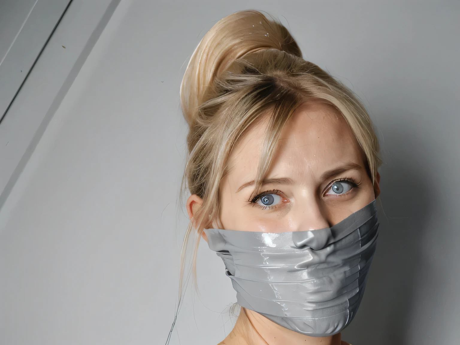 german blonde woman, blue eyes, improvised gag, Tape gag, GAGGED, panic, grey vinyl tape, frightened, Hair ponytail