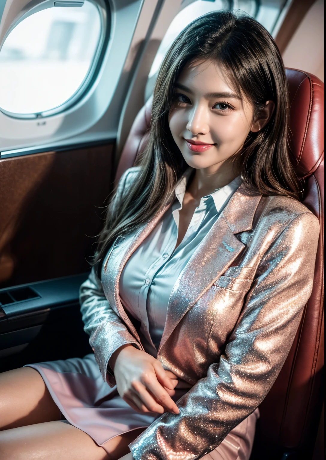 a beautiful Korean young college girl, (((18 years young girl))), detailed face with beautiful eyes and lips, long black hair, stylish hair, hair pin, romantic Eyes, beautiful eyes, smiley face, happy face, glow face, super round young breasts, beautiful realistic knees, glow skin, bright skin, realistic skin, realistic smile, cutest smile, realistic body, Standing In Flight For On board services, ((Starfish Pink silky Glitter Airhostess uniform)), ((uniform is Pink luxury Blazer)), I'd Card, Flight seats, very big flight, pink flight, very big Luxury Flight Interior, Passengers, detailed Airhostess dress, stylish dress, stylish uniform, stylish Blazer, High resolution dress quality, stylish look, stylish angle, photorealistic, realistic, masterpiece, ultra-detailed,8k, (best quality,8k,highres,masterpiece:1.2),ultra-detailed,(realistic,photorealistic,photo-realistic:1.37), highly detailed, cinematic lighting, vibrant colors, warm tones, masterpiece,highres,warm lighting, vibrant colors, soft focus, elegant, cinematic, highly detailed, professional digital art, UHD, Ultra HD, ultra realistic, hyper realistic, ultra sharp, vivid, realistic atmosphere, Beautiful rally atmosphere in background, beautiful Cockpit in background, detailed Flight interior background, hyper-detailed background, cockpit, very big flight on board, cinematic photography, award winning Photography, Very High Resolution picture quality, full-body shot,