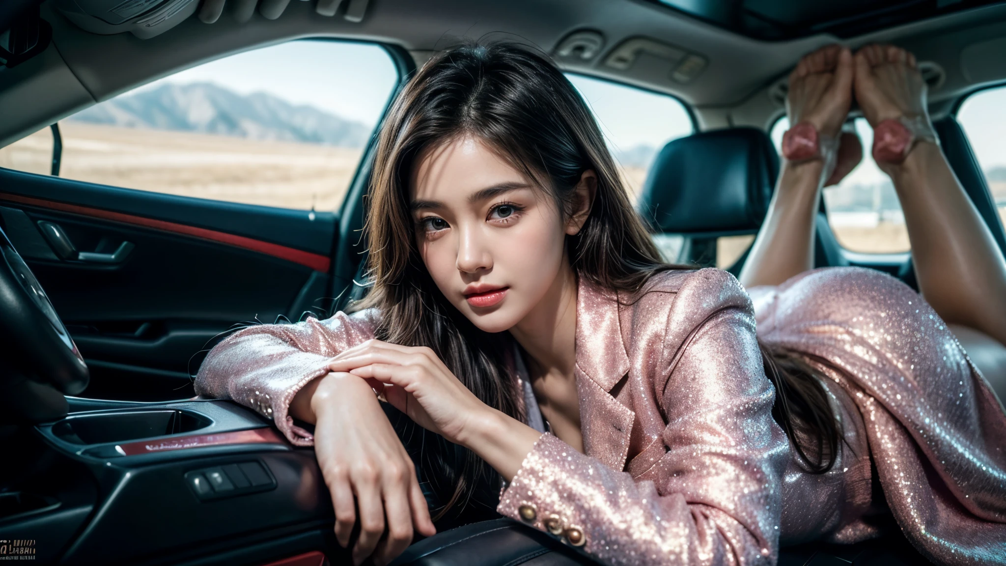 a beautiful Korean young college girl, (((18 years young girl))), detailed face with beautiful eyes and lips, long black hair, stylish hair, hair pin, romantic Eyes, beautiful eyes, smiley face, happy face, glow face, super round young breasts, beautiful realistic knees, glow skin, bright skin, realistic skin, realistic smile, cutest smile, realistic body, Standing In Flight For On board services, ((Starfish Pink silky Glitter Airhostess uniform)), ((uniform is Pink luxury Blazer)), I'd Card, Flight seats, very big flight, pink flight, very big Luxury Flight Interior, Passengers, detailed Airhostess dress, stylish dress, stylish uniform, stylish Blazer, High resolution dress quality, stylish look, stylish angle, photorealistic, realistic, masterpiece, ultra-detailed,8k, (best quality,8k,highres,masterpiece:1.2),ultra-detailed,(realistic,photorealistic,photo-realistic:1.37), highly detailed, cinematic lighting, vibrant colors, warm tones, masterpiece,highres,warm lighting, vibrant colors, soft focus, elegant, cinematic, highly detailed, professional digital art, UHD, Ultra HD, ultra realistic, hyper realistic, ultra sharp, vivid, realistic atmosphere, Beautiful rally atmosphere in background, beautiful Cockpit in background, detailed Flight interior background, hyper-detailed background, cockpit, very big flight on board, cinematic photography, award winning Photography, Very High Resolution picture quality, full-body shot,