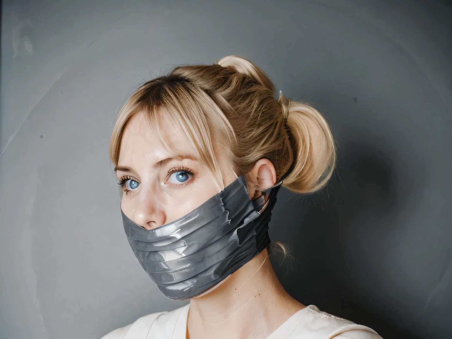 german blonde woman, blue eyes, improvised gag, Tape gag, GAGGED, panic, grey vinyl tape, frightened, Hair ponytail