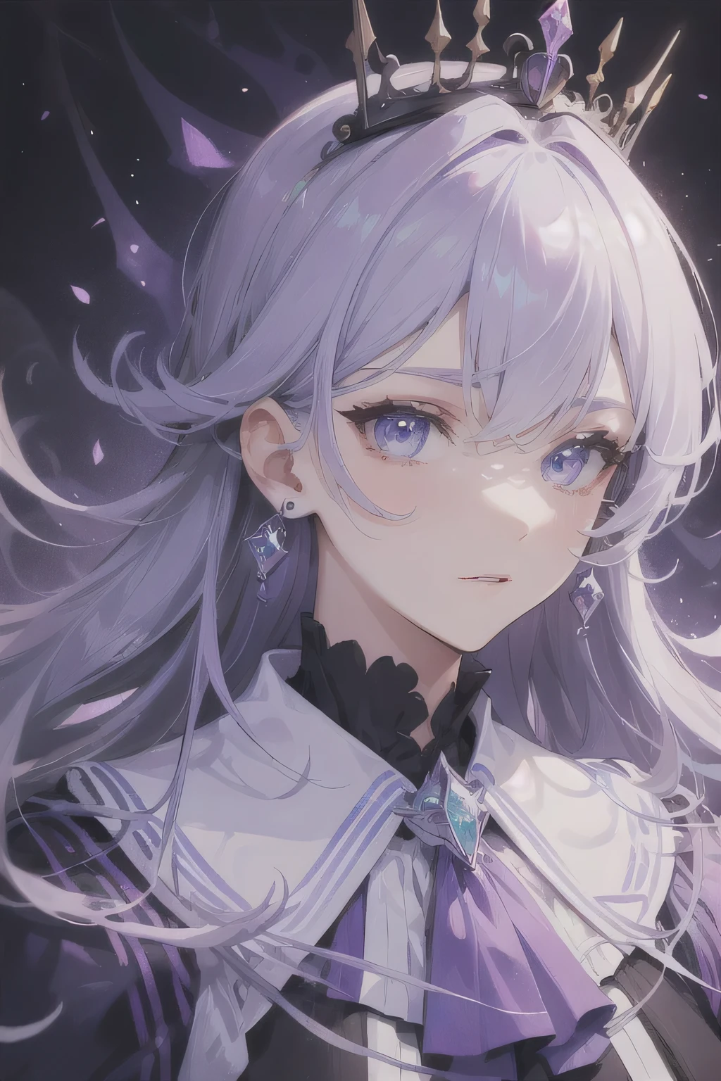 prince, Young man, male, 1 boy, mature male, courageous, Purple Blood, purple decoration, crystal, gem, Shine, shiny crystal, depicting tender eyes, Opal eyes, depicting delicate facial features, white uniform, extreme multiplication, refined and sophisticated design, White gloves, Gothic style, gorgeous aristocratic dress, Purple Blood, tape, The Crown of Thorns, gray hair, extreme detail, Tender image, Light blue eyes, all colors, except purple, have low saturation., Only the purple color is most noticeable., royal, elegant, noble, royal dress