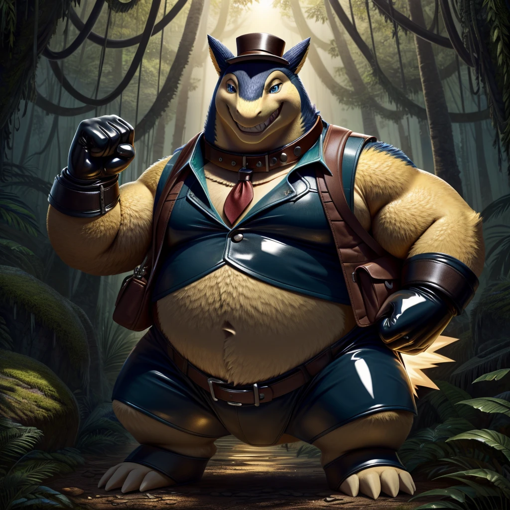 Male, fat, extremely obese, gentleman, Typhlosion, blue eyes, (posing:1.3), (soft shading), 4k, hi res, ((detailed face, detailed)), looking at viewer, evil grin, jungle, forest, shirt, top hat, male focus, Explorer Outfit, glasses, monocle, bag, vest, backpack, sleeves rolled up, round eyewear, brown headwear, brown vest, Typhlosion is wearing a glossy leather dog collar around the neck, Typhlosion is wearing the leather collar and shirt and vest at the same time, Typhlosion is wearing glossy white rubber gloves on the hands, wearing white rubber gloves on the feet, Typhlosion is wearing glossy white cuffs around the wrists, gold cufflinks gloves are rubber in texture, clenching teeth, clenching fists, leather collar is glossy and shiny with a lot of detail.