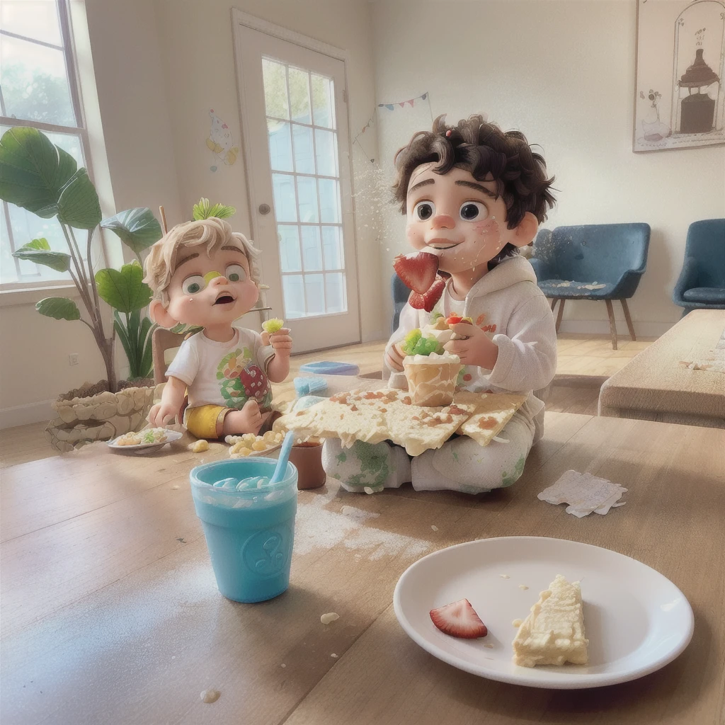 there is a sitting on the floor eating a piece of cake, having a snack, getting his tacos and drink), toddler, eating outside, sitting in his highchair, by Alexander Brook, messy eater, mixed art, healthy, 2 years old, medium portrait, little ???, eating, sitting at table, sitting on a table, drinking a strawberry iced latte