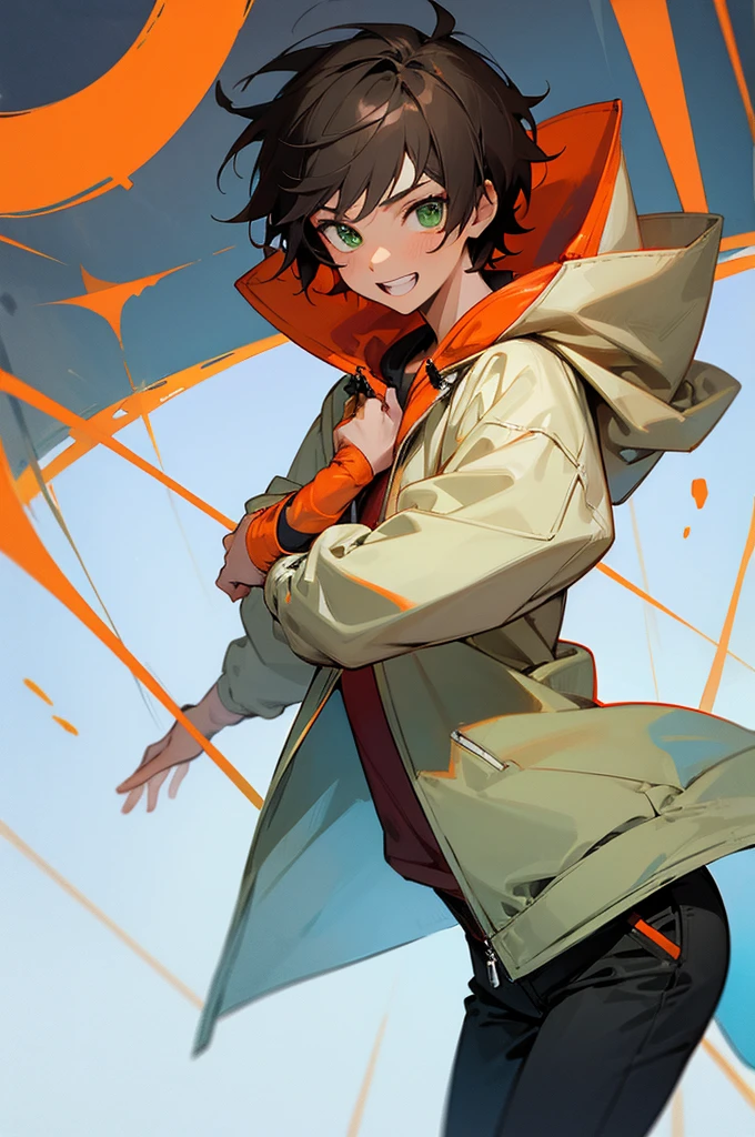 (masterpiece), ((sfw)), best quality, expressive eyes, perfect face, , (1girl,, young adult, handsome girl, flat body), solo, short messy red boy cut hair, green eyes BREAK (tanned male skin,), cowboy shot, smile, hoodie with motor sport jacket on top BREAK pants BREAK, standing BREAK, smile, grin, :D, long face