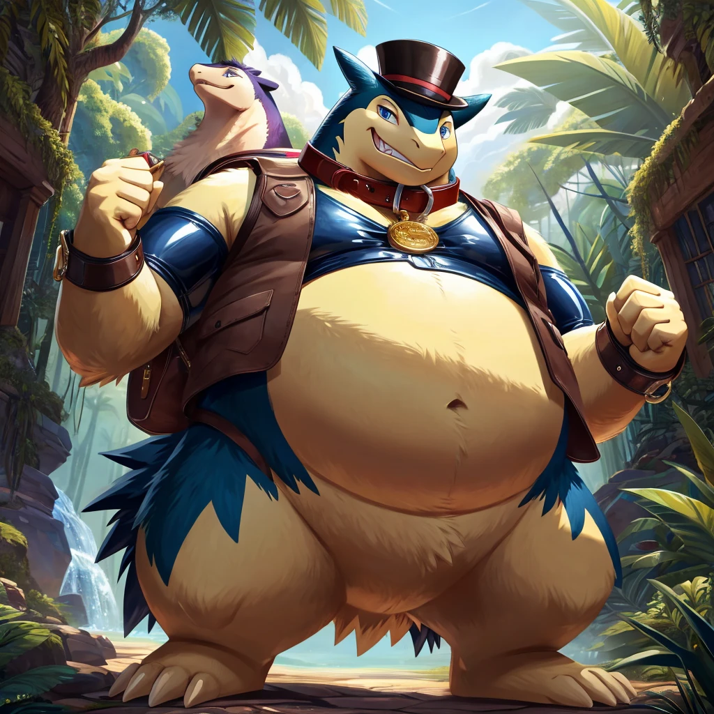 Male, fat, extremely obese, gentleman, Typhlosion, blue eyes, (posing:1.3), (soft shading), 4k, hi res, ((detailed face, detailed)), looking at viewer, evil grin, jungle, forest, shirt, top hat, male focus, Explorer Outfit, glasses, monocle, bag, vest, backpack, sleeves rolled up, round eyewear, brown headwear, brown vest, Typhlosion is wearing a glossy leather dog collar around the neck, Typhlosion is wearing the leather collar and shirt and vest at the same time, Typhlosion is wearing glossy white rubber gloves on the hands, wearing white rubber gloves on the feet, Typhlosion is wearing glossy white cuffs around the wrists, gold cufflinks gloves are rubber in texture, clenching teeth, clenching fists, leather collar is glossy and shiny with a lot of detail.