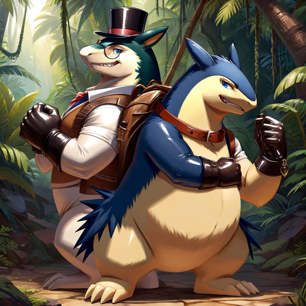Male, fat, extremely obese, gentleman, Typhlosion, blue eyes, (posing:1.3), (soft shading), 4k, hi res, ((detailed face, detailed)), looking at viewer, evil grin, jungle, forest, shirt, top hat, male focus, Explorer Outfit, glasses, monocle, bag, vest, backpack, sleeves rolled up, round eyewear, brown headwear, brown vest, Typhlosion is wearing a glossy leather dog collar around the neck, Typhlosion is wearing the leather collar and shirt and vest at the same time, Typhlosion is wearing glossy white rubber gloves on the hands, wearing white rubber gloves on the feet, Typhlosion is wearing glossy white cuffs around the wrists, gold cufflinks gloves are rubber in texture, clenching teeth, clenching fists, leather collar is glossy and shiny with a lot of detail.