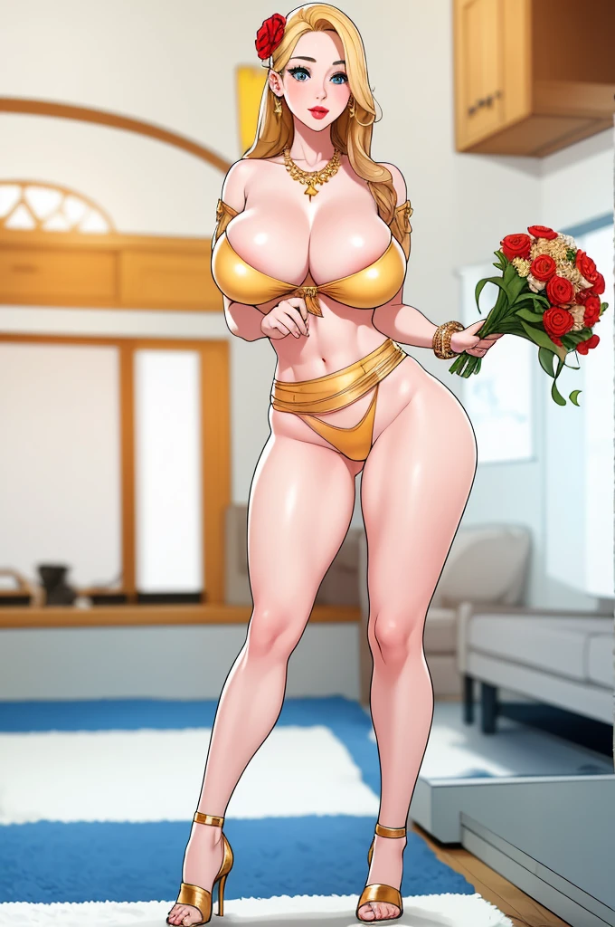 An extremely beautiful stunning busty woman, with gold blonde long silky hair, big blue eyes, extremely super bright snow white fair stunning flawless glowing lush shiny white complexion, flawless skin, a perfect tight hourglass figure, and a skinny waist, sexy thick smooth luscious legs and thighs, extremely cute smile on the face, bright pink blushes on cheeks, wearing a short sexy tight revealing white thread bikini, yellow heels, gold necklace on the neck, gold anklets on feet, gold chain on the waist, standing straight, holding a red roses big bouquet, beach in the background, show full body from head to feet.