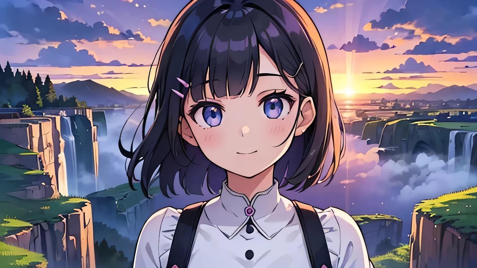 1girl, solo, blue eyes, (detailed eyes), flat chest, short hair, black hair, standing, gentle smile on her face((masterpiece, illustration, best quality) (Masterpiece illustration,Beautiful and aesthetic:1.2,head up,aim to sky), Best quality,Top quality, Epic quality,((((nature,on a hill near cliff,the top of the hill ,outdoor,cloudy,))))(beautiful purple sunset,moonlight,moon glare, god light, from above:1.3,))Neat face,,mature,Beautiful detailed hair,hyper HD, retinas, Textured skin, A high resolution, 16k ,((hairclip,blunt bangs,middle hair,Detailed face, 1JK, lady,Solo, Perfect face, Very amazing girl,