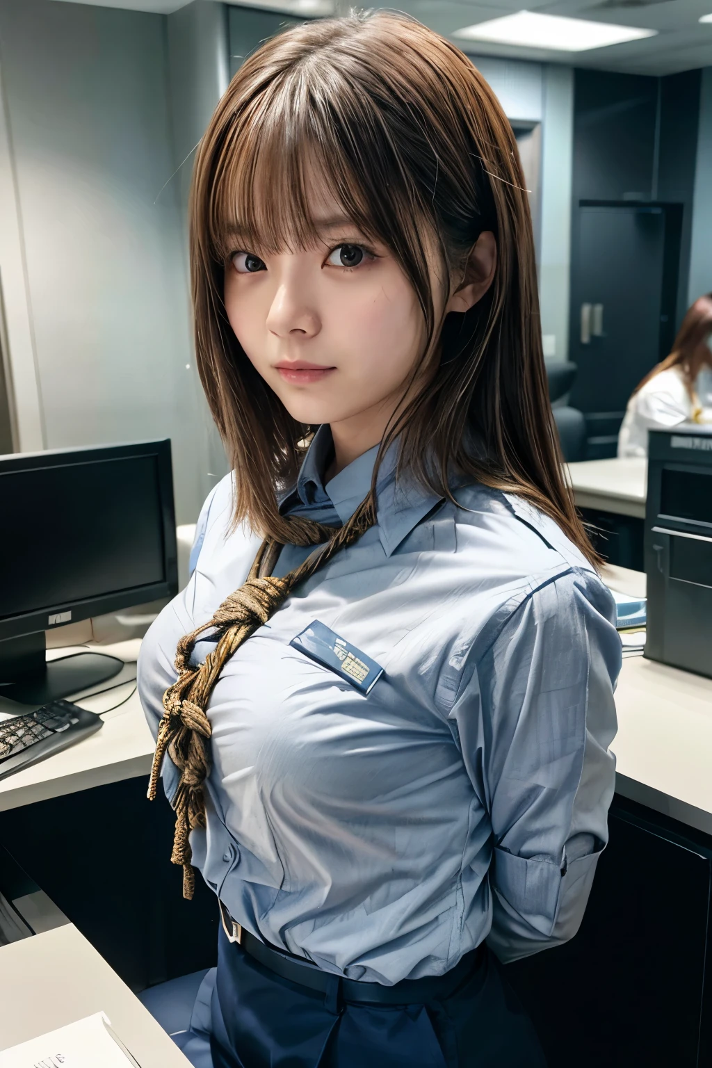 A female bank employee being held hostage after being attacked by a robber5people、All of them have their hands tied behind their backs with rope、Are standing、Wearing a bank uniform、Age 25、美people、Well-formed face、Medium build、Small Bust、, light brown hair, straight hair, swept bangs, Surrealism, cinematic lighting, tachi-e, Nikon, Wide-Angle, uhd, anatomically correct, textured skin, best quality, highres, 8K, anatomically correct