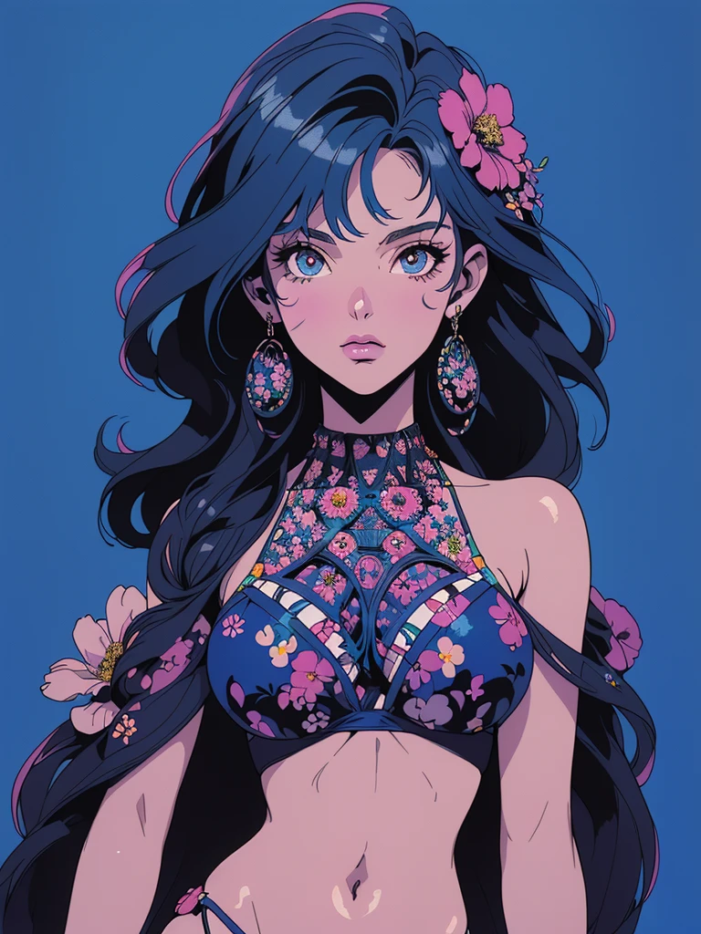 Anime Girl, the 90s(masterpiece, Top quality, best quality, Official Art, beautiful and aesthetic:1.2), (1 Girl:1.3), Very detailed,(Fractal Art:1.1),(rich and colorful:1.1)(Flowers:1.3),The most detailed,(Zentangle:1.2), whole body, (Blue Background:1.3), (shiny skin), (Many colors:1.4), ,(earrings) (bikini) (swimwear)