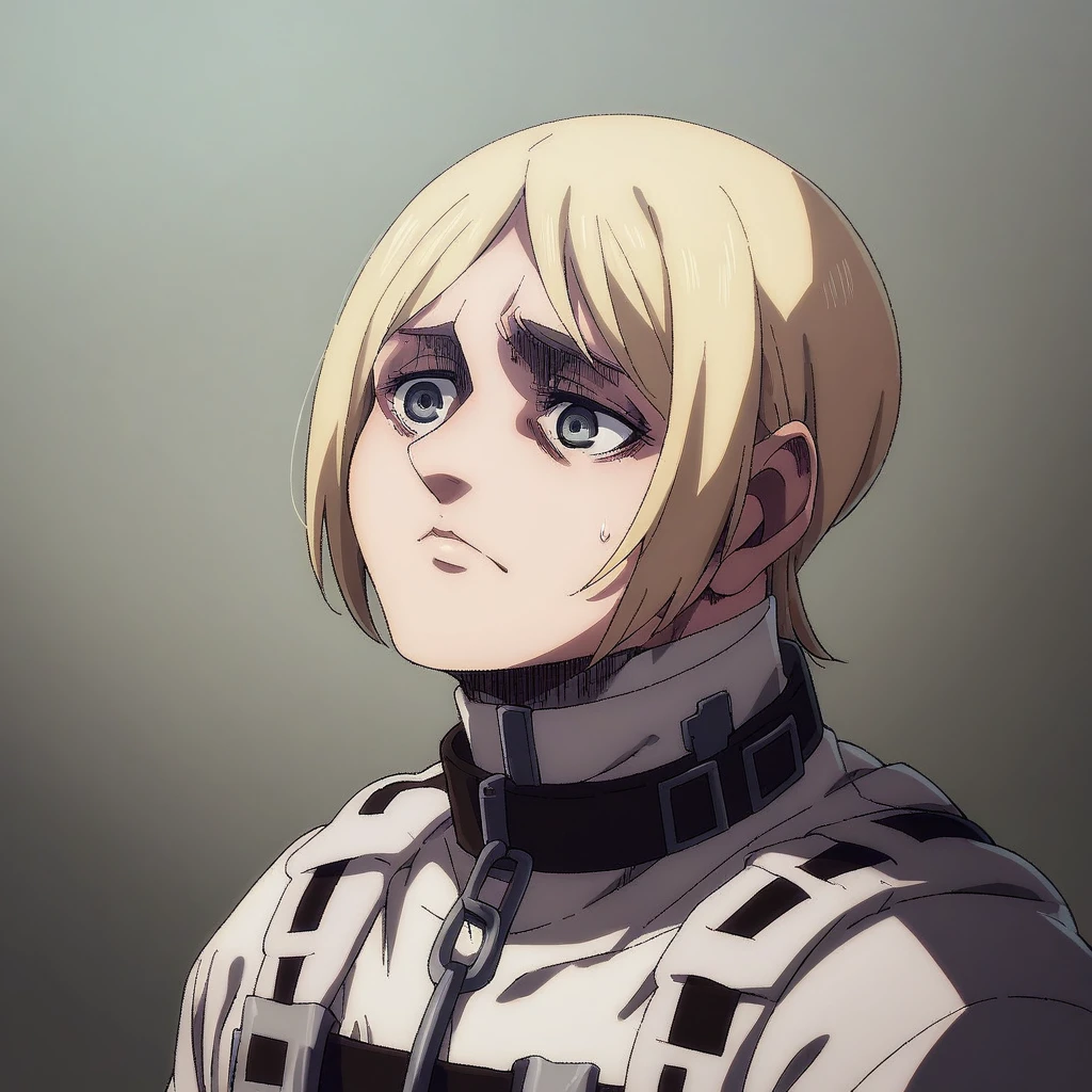 shingeki_no_kyojin_s4_style, portrait, solo,  guilty, white bodysuit, collar, straitjacket
