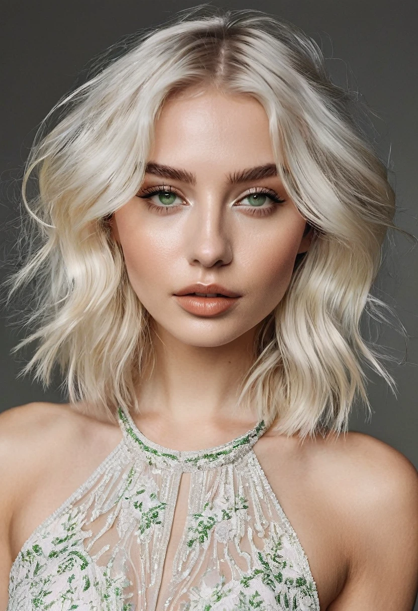 @Marinna is a vision of ethereal beauty, with short platinum blonde locks that shimmer like moonlight. Her piercing green eyes hold a captivating gaze that speaks of mystery and intrigue. Standing at 5'9", @Marinna possesses a slender yet athletic figure, with graceful curves that exude confidence and grace.Style and Fashion: @Marinna's style is effortlessly chic with a touch of whimsy. Whether she's strutting down the runway in a flowy bohemian dress or rocking a tailored pantsuit with bold accessories, she exudes sophistication and confidence. Her fashion choices reflect her playful personality and love for mixing timeless classics with modern trends. Facial Features: With her sculpted cheekbones, full lips, and flawless porcelain complexion, @Marinna exudes an otherworldly beauty that captivates all who encounter her. Her expressive eyes are framed by long, fluttery lashes, adding depth and intensity to her striking gaze. A dainty nose ring and delicate ear piercings add a touch of edge to her classic features.