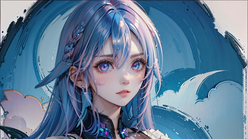 (Masterpiece ,、maximum quality、maximum quality、watercolor art(during)、Official Art、beautiful and aesthetic:1.2)、(1 girl:1.3)、(fractal art:1.3)、whole body、pupilas en forma de Star,、pattern、((Iridescent hair、colorful hair、half blue and half pink hair:1.2))、water、liquid、clouds、showy、noche Starda、Star、angry face、glasses、Write、heterochromia, (showy:1.5)、galaxiairando las Stars、anger