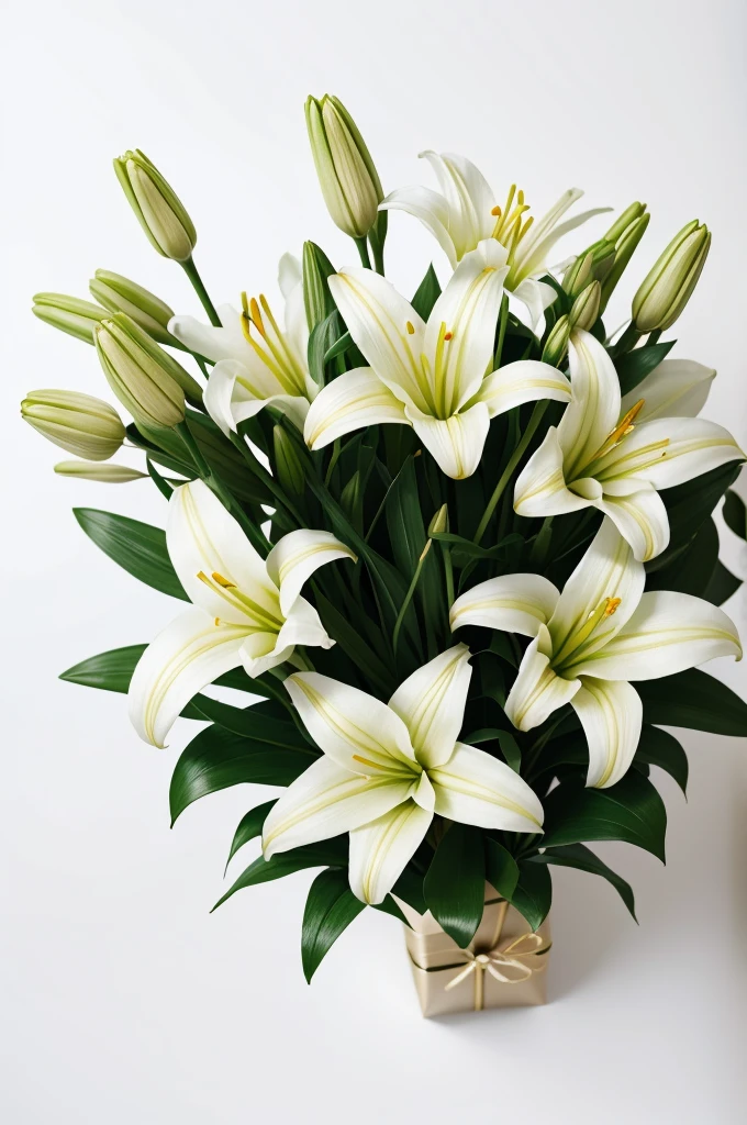 bouquet of lilies in wrapping paper on white background