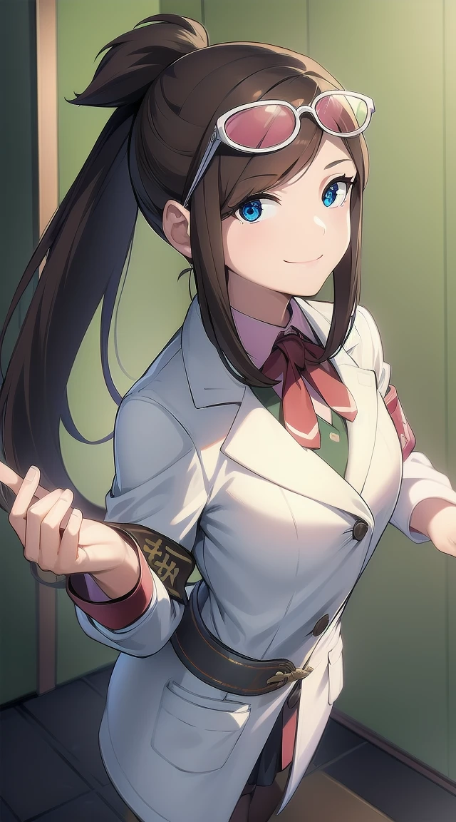1girl,brown hair
BREAK ((emaskye, (ponytail, brown hair, labcoat),armband, eyewear on head:1.4))
BREAK ((smiling,fullbody:1.1))
BREAK indoors,
BREAK looking at viewer, 
BREAK (masterpiece:1.2), best quality, high resolution, unity 8k wallpaper, (illustration:0.8), (beautiful detailed eyes:1.6), extremely detailed face, perfect lighting, extremely detailed CG, (perfect hands, perfect anatomy),