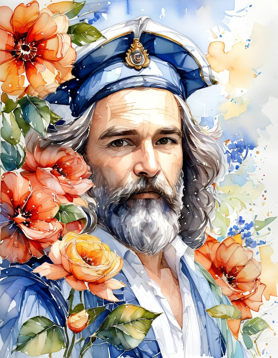 A watercolor painting of a cute navigator,Highlights the characteristics and beauty of Renaissance-style watercolor art。Artwork should capture the unique qualities of Renaissance watercolors,For example, the use of light and shadow、Detailed brushwork and rich color palette。The composition includes a navigator and a ship,sea etc.,Each one is carefully rendered,to showcase their individual beauty and the work as a whole。Detailed background,Complements the Navigator,But not so much that it overwhelms the navigator。Focus on showing the grace and delicacy of the navigator, (floral watercolor painting:1.5)