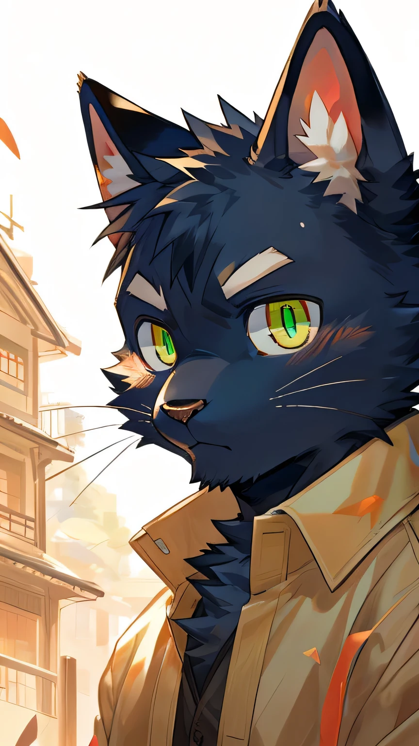 masterpiece,high quality,perfect anatomy,furry,anthro cat,black cat,male, niji5,green pupils,bright eyes,detailed face,by kiyosan,close up face