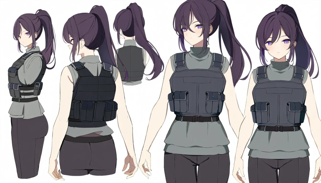 multiple views,reference sheet, model sheet, One Mature woman,human, Dark hair with purple strands, Ponytail, purple eyes,black outfit,wearing gray bulletproof vest, neutral expression, Head Shot,Front facing view,Back view,Side view,Top view,Symmetric, beautiful, masterpiece, best quality, perfect lighting,8k,simple white background.