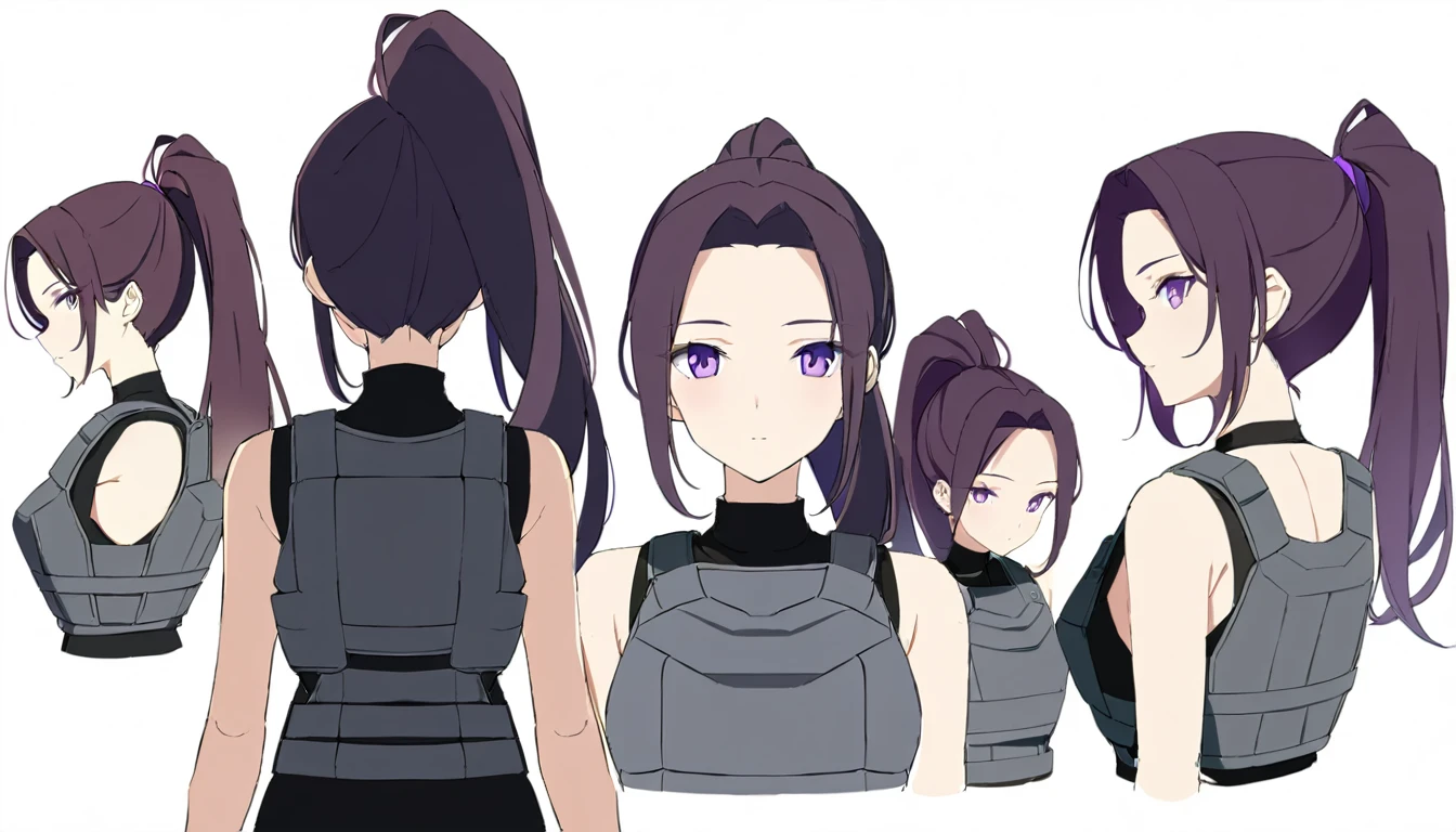 multiple views,reference sheet, model sheet, One woman,human, Dark hair with purple strands, Ponytail, purple eyes,black outfit,wearing gray bulletproof vest, neutral expression, Head Shot,Front facing view,Back view,Side view,Top view,Symmetric, beautiful, masterpiece, best quality, perfect lighting,8k,simple white background.