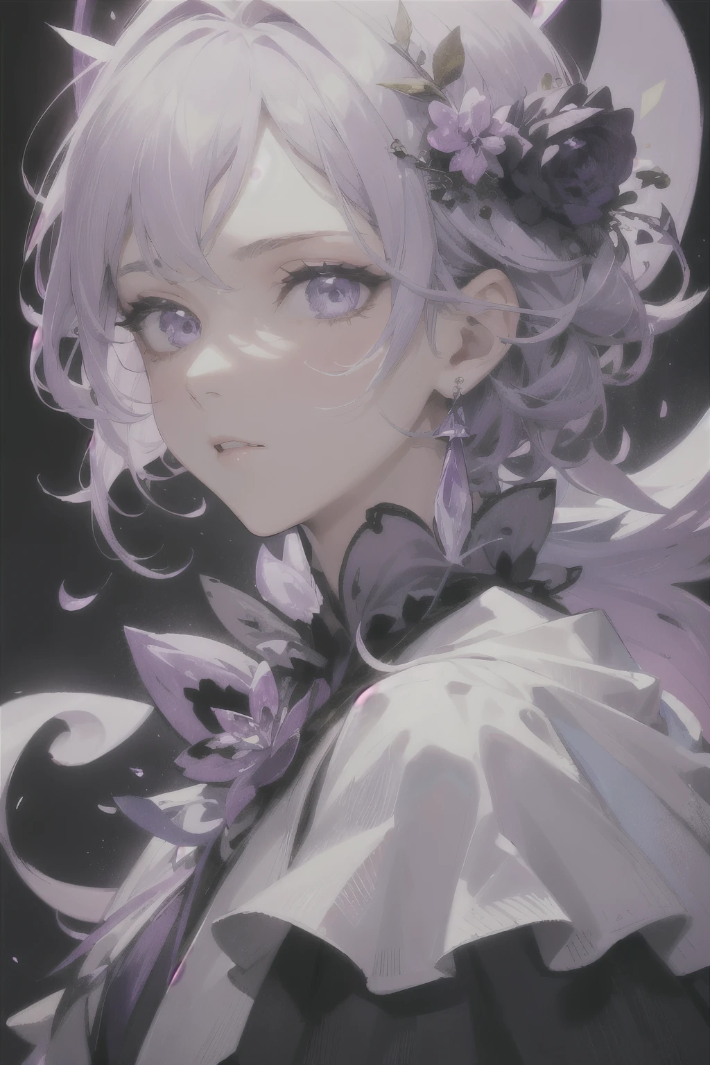 prince, Young man, male, 1 boy, mature male, courageous, Purple Blood, purple decoration, crystal, gem, Shine, shiny crystal, depicting tender eyes, Opal eyes, depicting delicate facial features, white uniform, extreme multiplication, refined and sophisticated design, White gloves, Gothic style, gorgeous aristocratic dress, Purple Blood, tape, The Crown of Thorns, gray hair, extreme detail, Tender image, Light blue eyes, all colors, except purple, have low saturation., Only the purple color is most noticeable., royal, elegant, noble, royal dress