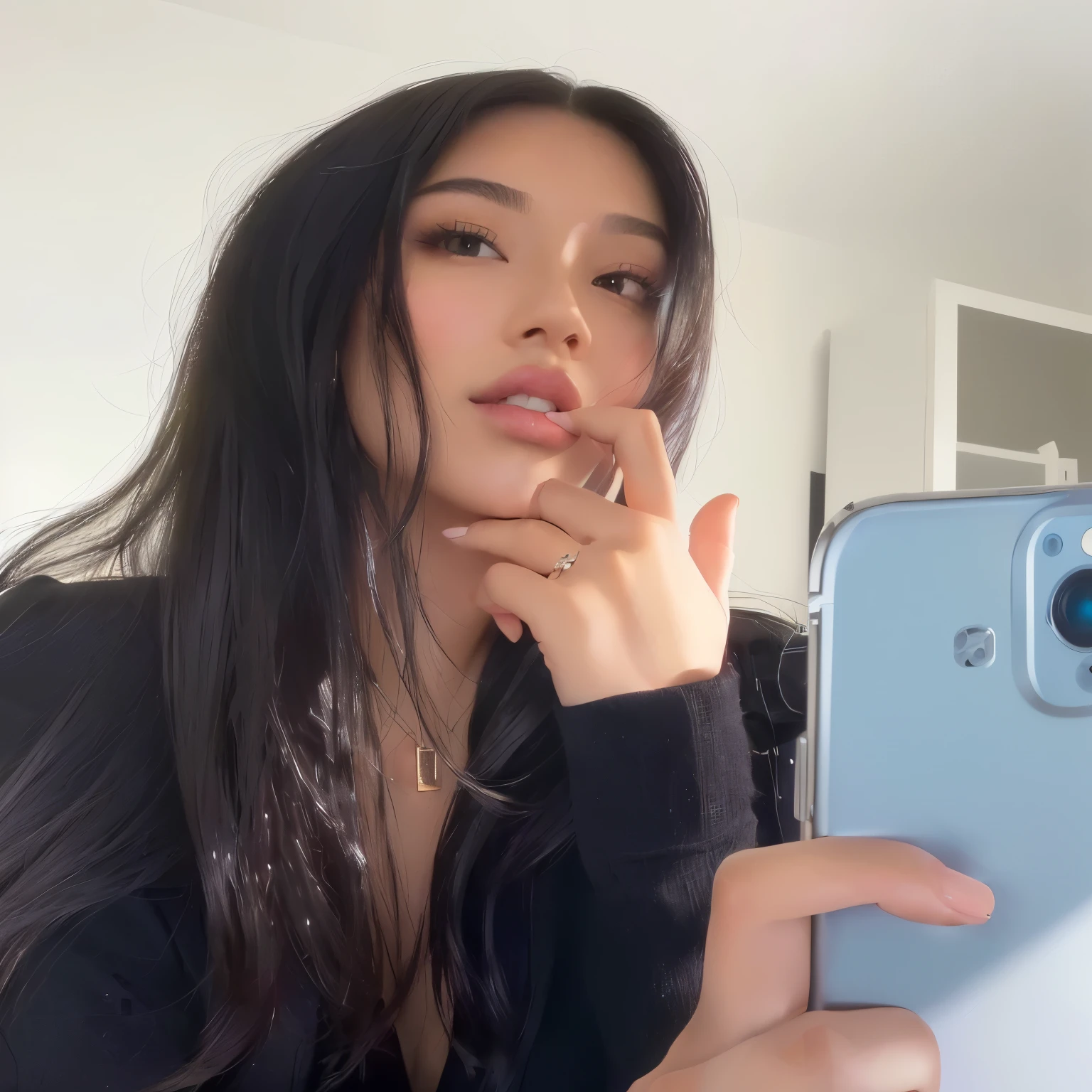 there is a woman taking a selfie with her cell phone, selfie of a young woman, selfie con iPhone, 8k selfie photography, she is in front of the camera, showing his face, she has olive skin, accidentally take a selfie, looking directly at the camera, with straight black hair, neck extended from the lips down, thick lips, selfie shot straight at angle