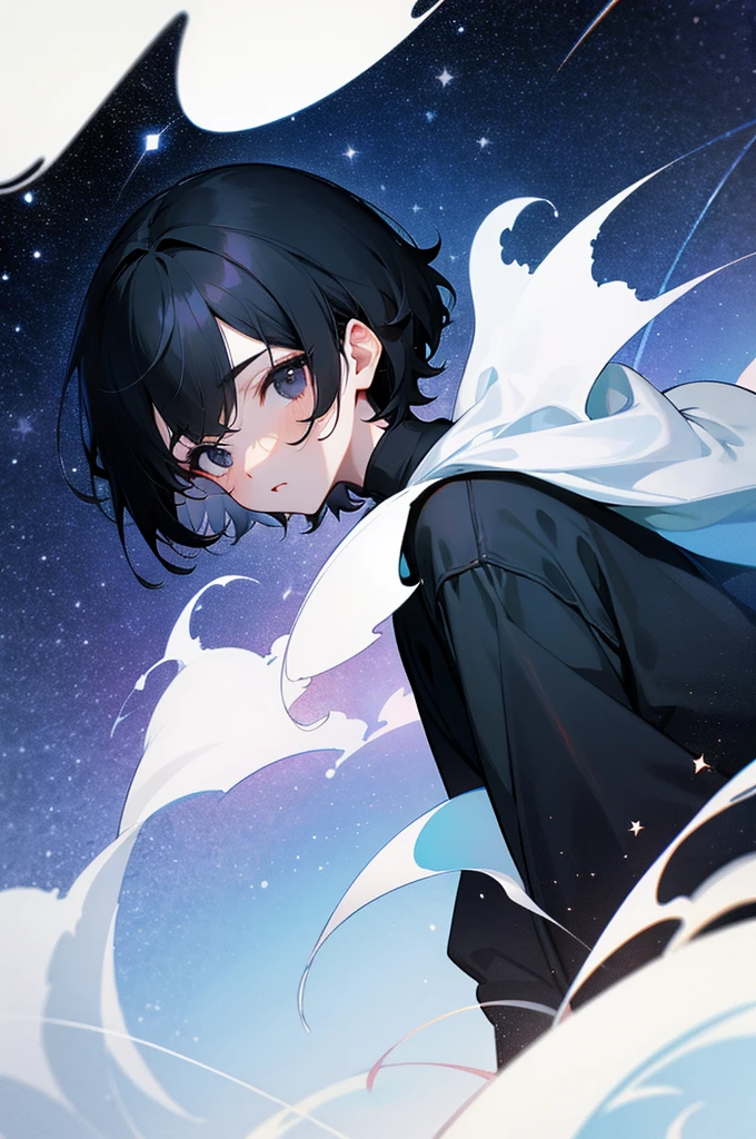 Black Hair,short hair,youth,Deep black eyes,gaze,Solid black sweatshirt,Starry Sky。Bleak