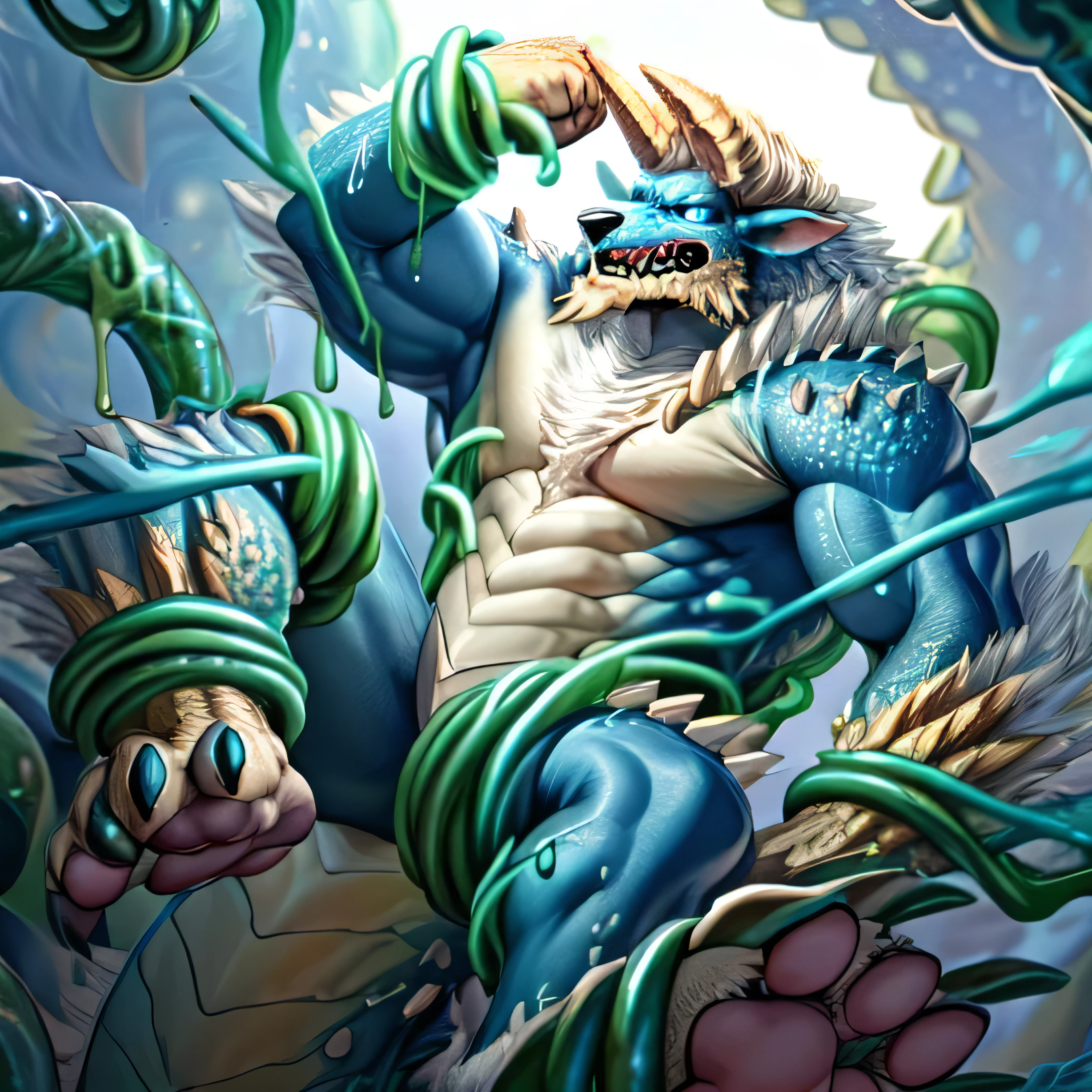 anthropology,(zinogre:1.2),Tail,((whole body,blue eyes, Blue body, White furry, Yellow Hand, Feet, Blue face,4 toes,Tail )),,muscular, whole body, (author:null-ghost,From raccoon21,masterpiece,high quality), Night Fight,((boundary)), rest (((Slime monster uses tentacles to fight dragon)),4 toes,struggle, (pain:1.3),frown,annoyed, Worry,full body,pawpads,((horns))