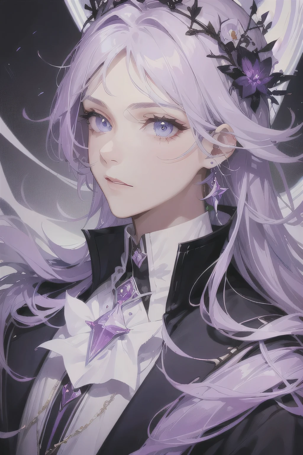 prince, Young man, male, 1 boy, mature male, courageous, Purple Blood, purple decoration, crystal, gem, Shine, shiny crystal, depicting tender eyes, Opal eyes, depicting delicate facial features, white uniform, extreme multiplication, refined and sophisticated design, White gloves, Gothic style, gorgeous aristocratic dress, Purple Blood, tape, The Crown of Thorns, gray hair, extreme detail, Tender image, Light blue eyes, all colors, except purple, have low saturation., Only the purple color is most noticeable., royal, elegant, noble, royal dress