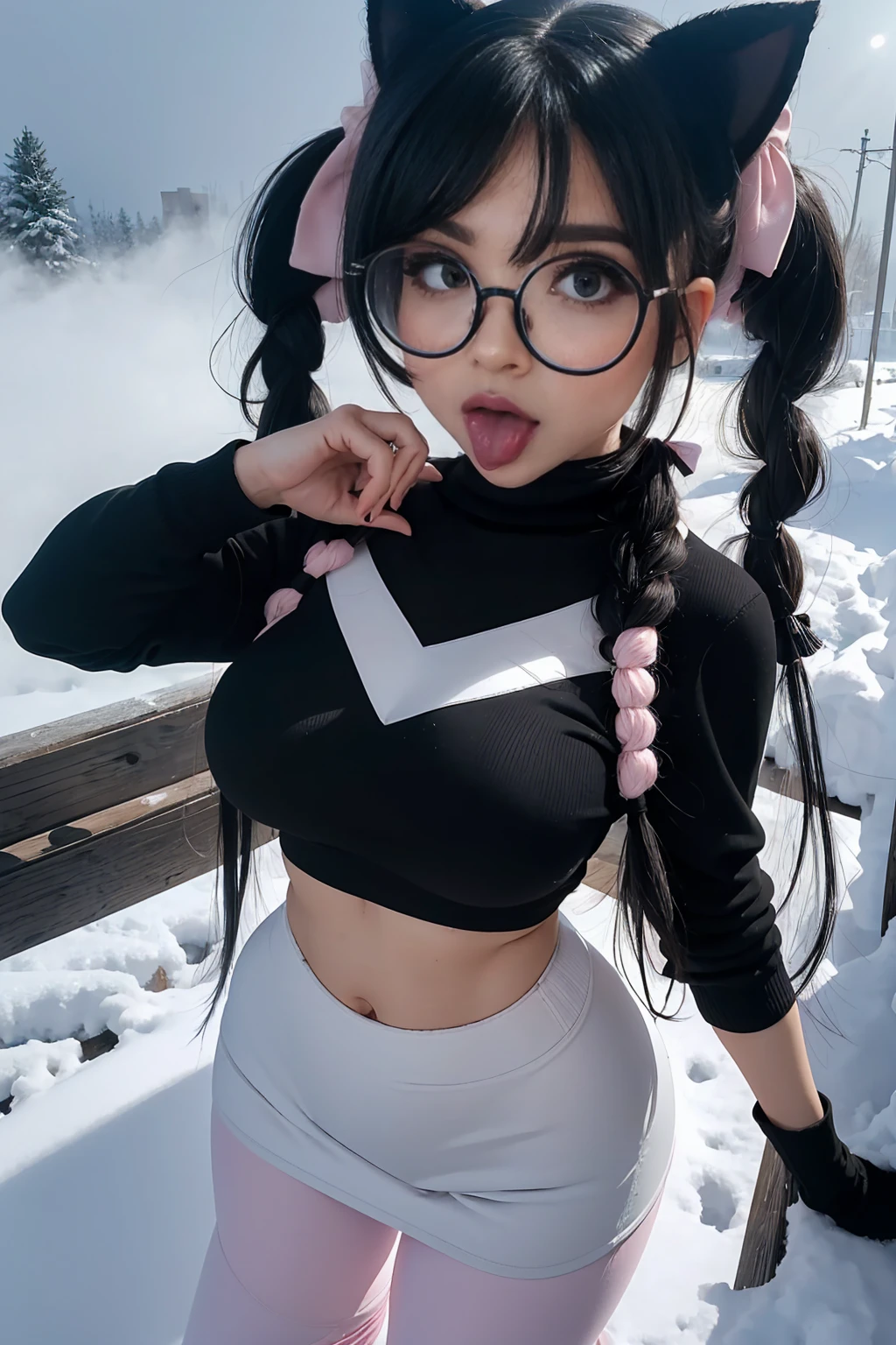 (Best Quality,High resolution:1.2), Ultra-detailed, Realistic portrait, hot Russian girl, pretty face, perfect long legs, full body, tiny waist. large breasts, standing, tight white cropped jumper, black high waist leggings, pink and white snow boots, in the snow, large blue eyes, long black hair tied up with a ribbon, pigtails, tight high waist mini skirt, woolen socks, hair bangs, snowing, foggy, (large round black rimmed glasses), cat ears, (large bow at the back of head, midriff), (tongue out, long tongue)