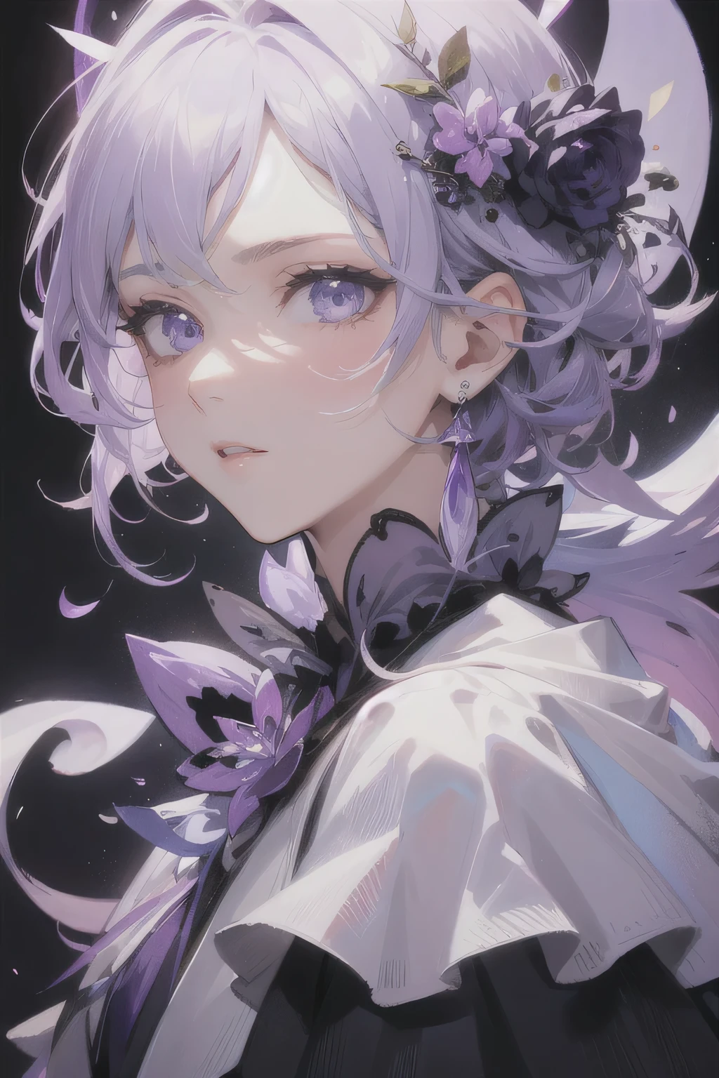 prince, Young man, male, 1 boy, mature male, courageous, Purple Blood, purple decoration, crystal, gem, Shine, shiny crystal, depicting tender eyes, Opal eyes, depicting delicate facial features, white uniform, extreme multiplication, refined and sophisticated design, White gloves, Gothic style, gorgeous aristocratic dress, Purple Blood, tape, The Crown of Thorns, gray hair, extreme detail, Tender image, Light blue eyes, all colors, except purple, have low saturation., Only the purple color is most noticeable., royal, elegant, noble, royal dress