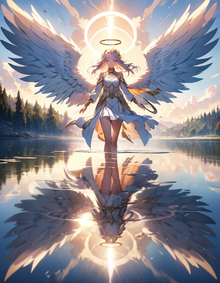 a picture of a female angel flying over a lake ((the angel's reflection mirrored perfectly in the lake: 1.5)), full body shot, a beautiful female angel, divine beauty angel, ((ultra detailed face: 1.3)), (best detailed face: 1.3), dynamic eye color, dynamic hair color, dynamic hair style, intense gaze, wearing dynamic clothing, hovering over a lake, (white angelic wings spread: 1.3), (((a perfect reflection of the angel seen in the lake: 1.5))) vibrant, Ultra-high resolution, High Contrast, masterpiece:1.2, highest quality, Best aesthetics), best details, best quality, highres, ultra wide angle, 16k, [ultra detailed], masterpiece, best quality, (extremely detailed)