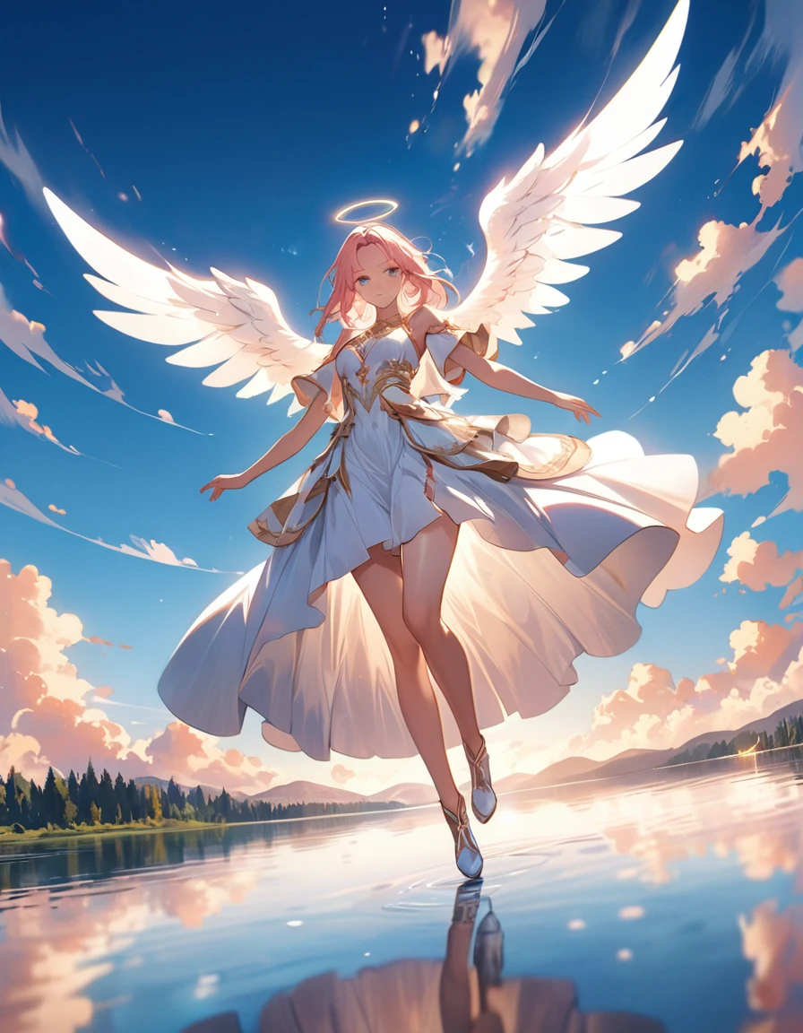 a picture of a female angel flying over a lake ((the angel's reflection mirrored perfectly in the lake: 1.5)), full body shot, a beautiful female angel, divine beauty angel, ((ultra detailed face: 1.3)), (best detailed face: 1.3), dynamic eye color, dynamic hair color, dynamic hair style, intense gaze, wearing dynamic clothing, hovering over a lake, (white angelic wings spread: 1.3), (((a perfect reflection of the angel seen in the lake: 1.5))) vibrant, Ultra-high resolution, High Contrast, masterpiece:1.2, highest quality, Best aesthetics), best details, best quality, highres, ultra wide angle, 16k, [ultra detailed], masterpiece, best quality, (extremely detailed)