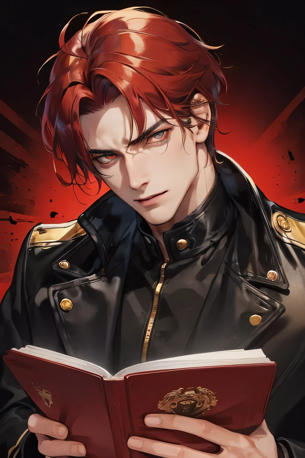 Book cover, photography of a daemon sexy man, a solo man, (((man))), (male face), 35 years, daemon, The Bad Guy, (golden eyes), expressive look, fiery red hair, (((dark background))), shiny hair, unshaven, Black suit, long-sleeved jacket, super detailed face, Perfect body, perfect shapes, realistic image, photo, award winning, 8 k, (((Perfect shiny eyes)))