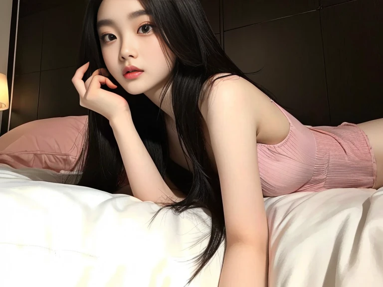 araffe asian woman lying on a bed with a phone in her hand, ulzzang, korean girl, posing in bed, Beautiful young Korean woman, beautiful south korean woman, beautiful asian girl, jennie pink black, Beautiful young Korean woman, Young cute pale asian face, young and cute girl, beautiful chinese model, young and adorable korean face, while posing in the same bed