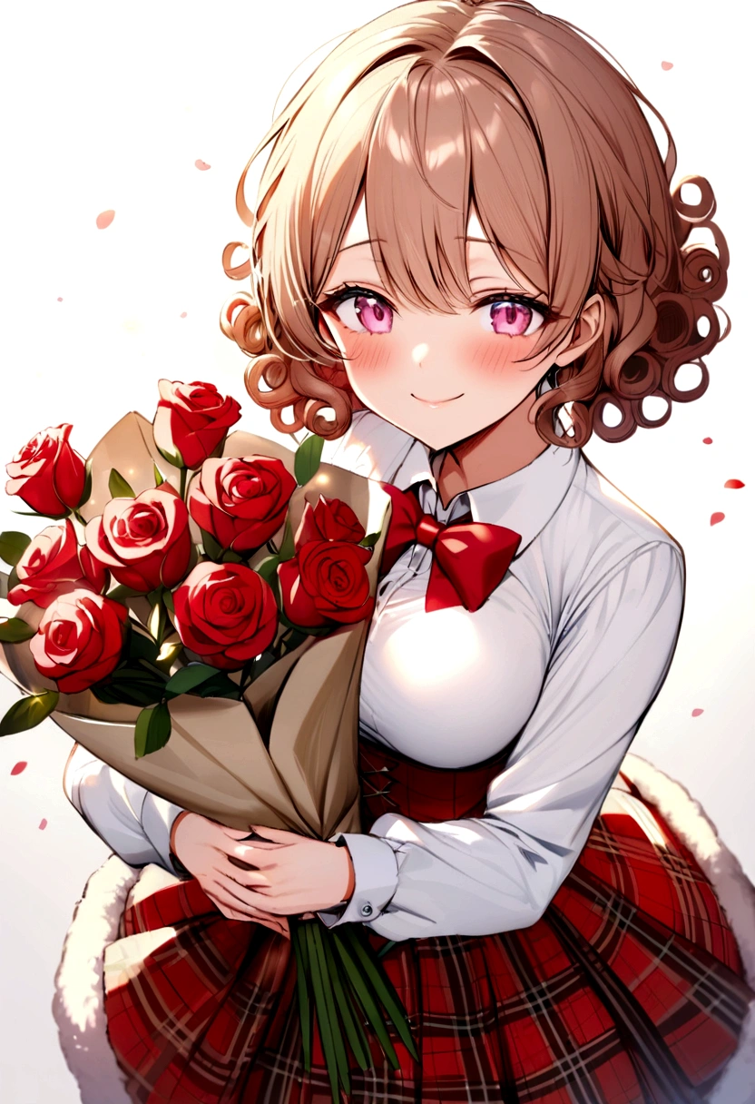 , smiling, blush, pink eyes, cloudy eyes, medium sized breasts, wearing white shirt, red bow tie, flannel skirt, holding bouquet of roses, fur roses, spongy fur, Curly hair, short hair, White background