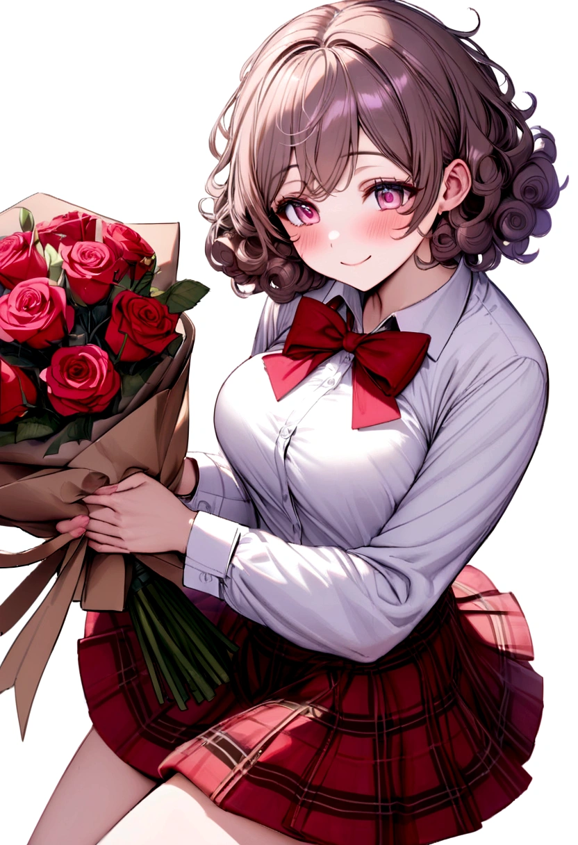 , smiling, blush, pink eyes, cloudy eyes, medium sized breasts, wearing white shirt, red bow tie, flannel skirt, holding bouquet of roses, fur roses, spongy fur, Curly hair, short hair, White background