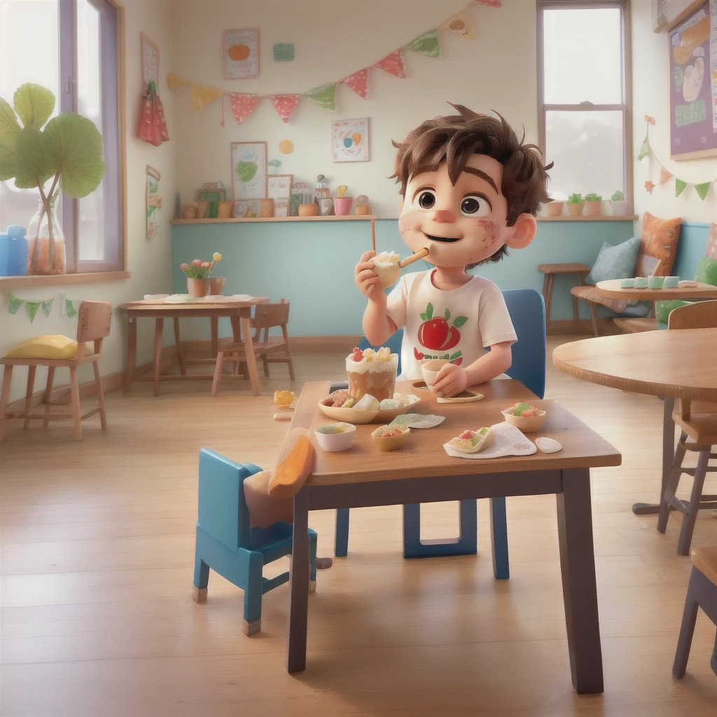 there is a sitting on the floor eating a piece of cake, having a snack, getting his tacos and drink), toddler, eating outside, sitting in his highchair, by Alexander Brook, messy eater, mixed art, healthy, 2 years old, medium portrait, little ???, eating, sitting at table, sitting on a table, drinking a strawberry iced latte